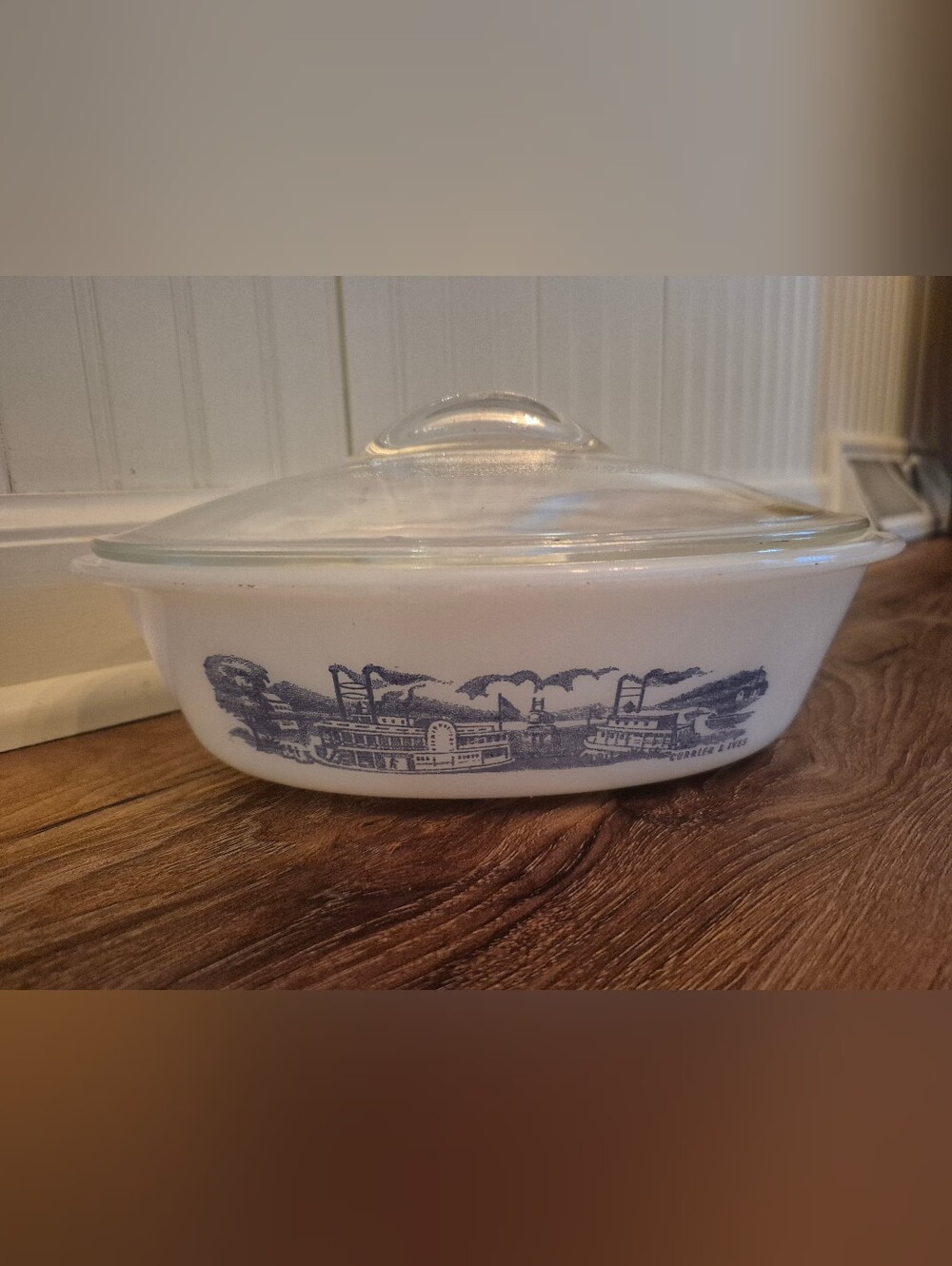 Vintage Currier and Ives White Glass Casserole Dish with Lid